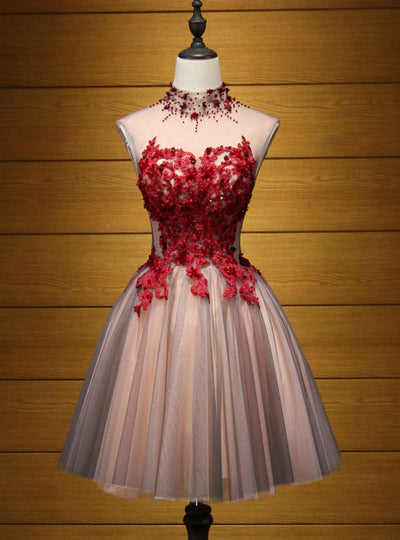 Burgundy Lace Appliques Beading Backless Homecoming Dress