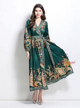 Retro Palace Printed V-neck Lantern Long Sleeve Dress