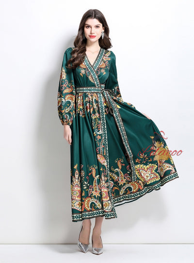 Retro Palace Printed V-neck Lantern Long Sleeve Dress