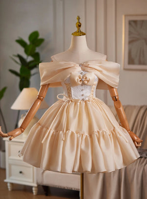 Champagne Off the Shoulder Bow Homecoming Dress