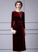 Burgundy Velvet Sequins Pleats Mother Of The Bride Dress
