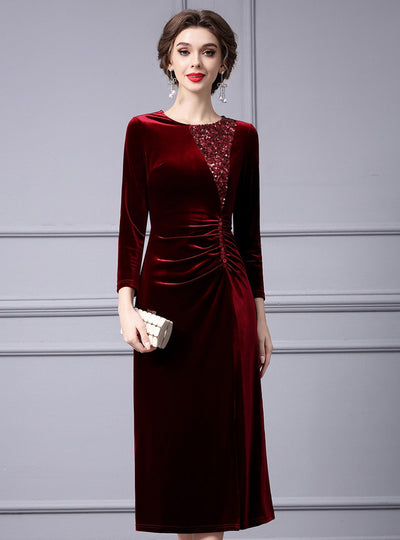 Burgundy Velvet Sequins Pleats Mother Of The Bride Dress