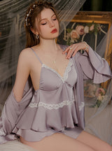 Solid Color Satin Lace Suspender Top Shorts Suit