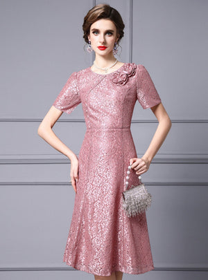 Pink Lace Short Sleeve Mother Of The Bride Dress