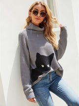 Printed Kitten Turtleneck Sweater