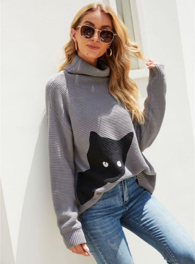 Printed Kitten Turtleneck Sweater