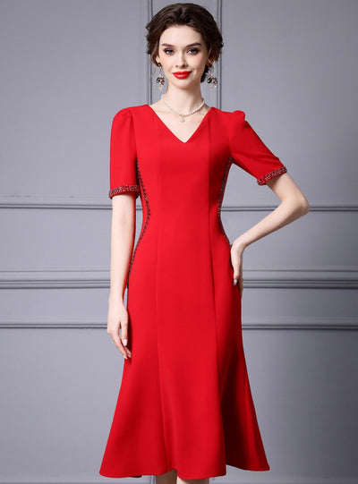 Red V-neck Beading Mother Of The Bride Dress