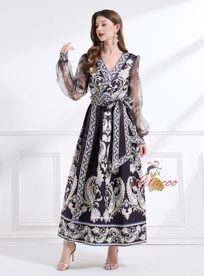 Retro Palace Printed Long Bubble Sleeve Dress