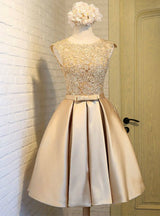 Gold Satin Lace Scoop Neck Homecoming Dress
