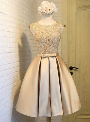 Gold Satin Lace Scoop Neck Homecoming Dress