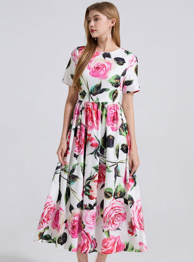 Printed Long Short-sleeved Dress