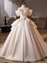 Ivory Satin Off the Shoulder 3D Flower Wedding Dress