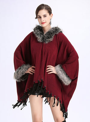 Large Size Loose Tassel Hooded Knitted Shawl Cloak