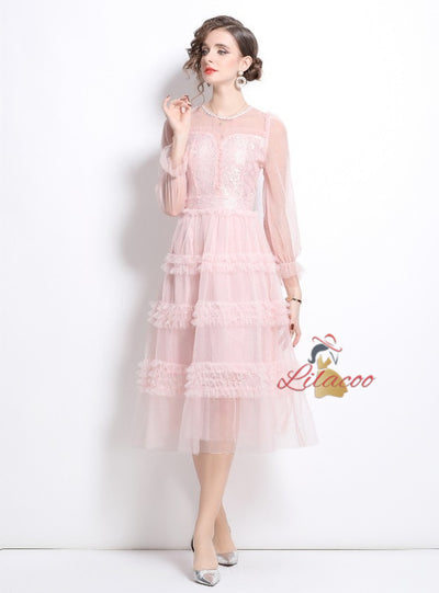 Mesh Stitching Long Sleeve Dress