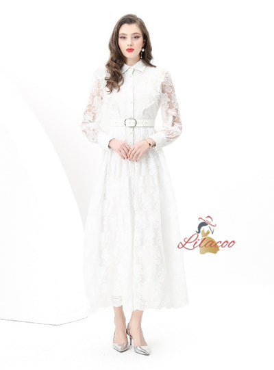 Retro Breasted Slim Waist Lace Dress