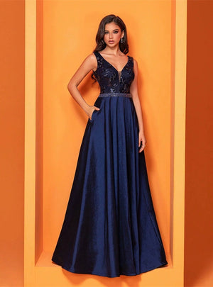 Dark Blue V-neck Satin Prom Dress