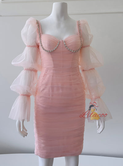 Pink Tulle Long Sleeve Pleats Prom Dress