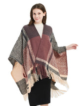 Plaid Split Shawl Fringed Scarf Cloak