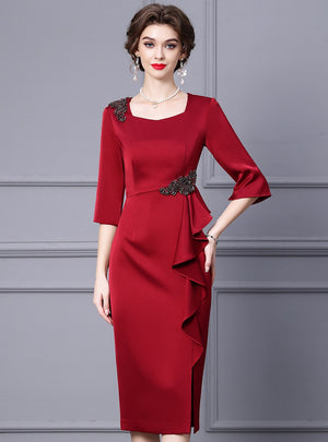 Burgundy Short Sleeve Beading Mother Of The Bride Dress