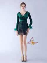 V-neck Sequins Long Sleeve Short Prom Dress