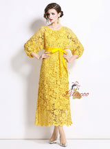 Long Sleeve Round Neck Slim Waist Lace Dress