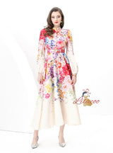 Retro Stand-up Breasted Print Long Dress