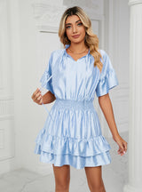 Satin Solid Color Loose V-neck Lotus Leaf Dress