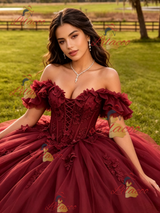 Burgundy Tulle Appliques Quinceanera Dress