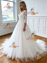 White Tulle Appliques V-neck Appliques Wedding Dress