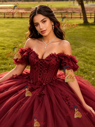 Burgundy Tulle Appliques Quinceanera Dress