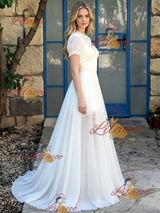 White Chiffon Short Sleeve Wedding Dress