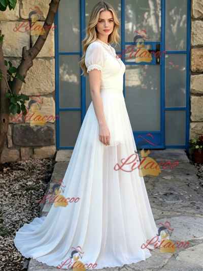 White Chiffon Short Sleeve Wedding Dress