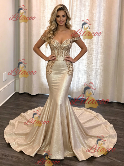 Gold Mermaid Off the Shoulder Prom Dress