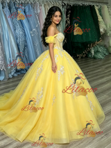 Yellow Tulle Off the Shoulder Appliques Quinceanera Dress