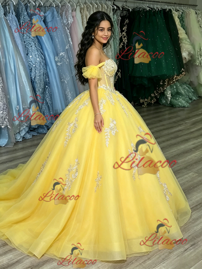 Yellow Tulle Off the Shoulder Appliques Quinceanera Dress