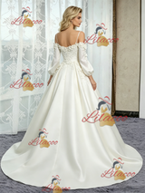 White Satin Short Sleeve Straps Flower Wedding Dress