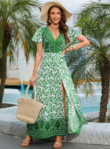 V-neck Bohemian Short-sleeved Printed Dress