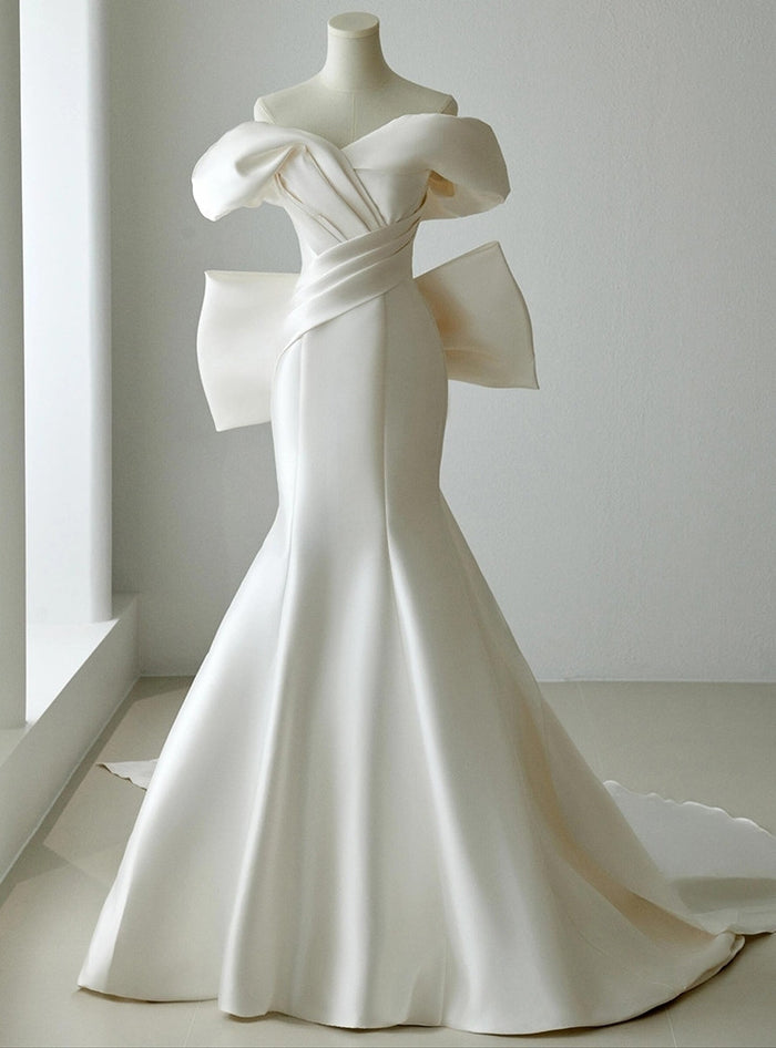 Ivory Mermaid Satin Pleats Bow Wedding Dress
