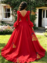Red V-neck Long Sleeve Quinceanera Dress