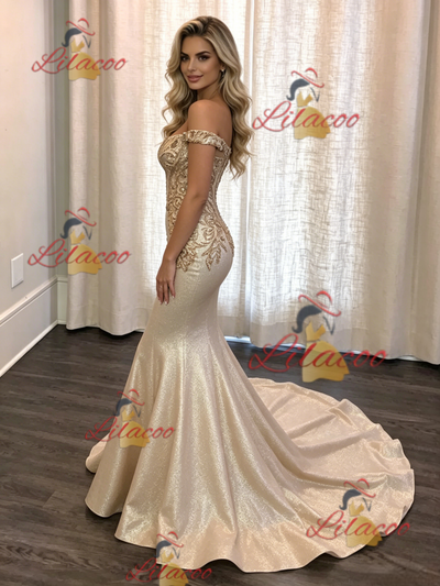 Gold Mermaid Off the Shoulder Prom Dress