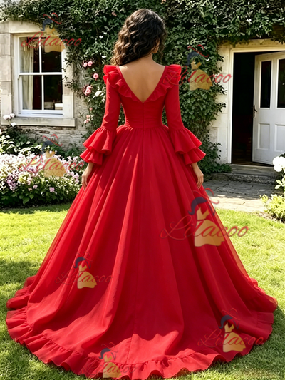 Red V-neck Long Sleeve Quinceanera Dress