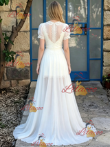 White Chiffon Short Sleeve Wedding Dress