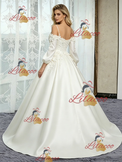 White Satin Short Sleeve Straps Flower Wedding Dress