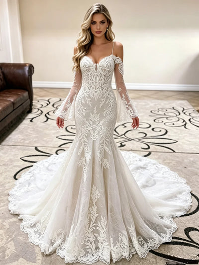 White Mermaid Lace Straps Wedding Dress