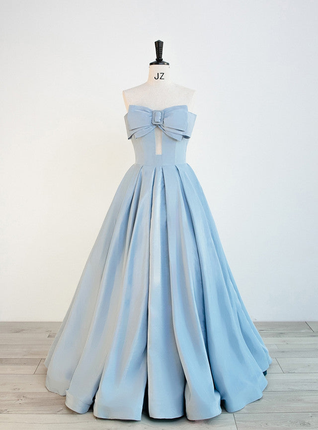 Blue Satin Strapless Pleats Bow Prom Dress