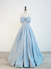 Blue Satin Strapless Pleats Bow Prom Dress