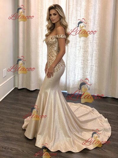 Gold Mermaid Off the Shoulder Prom Dress