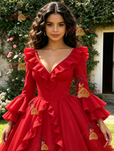 Red V-neck Long Sleeve Quinceanera Dress