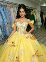 Yellow Tulle Off the Shoulder Appliques Quinceanera Dress