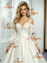 White Satin Short Sleeve Straps Flower Wedding Dress